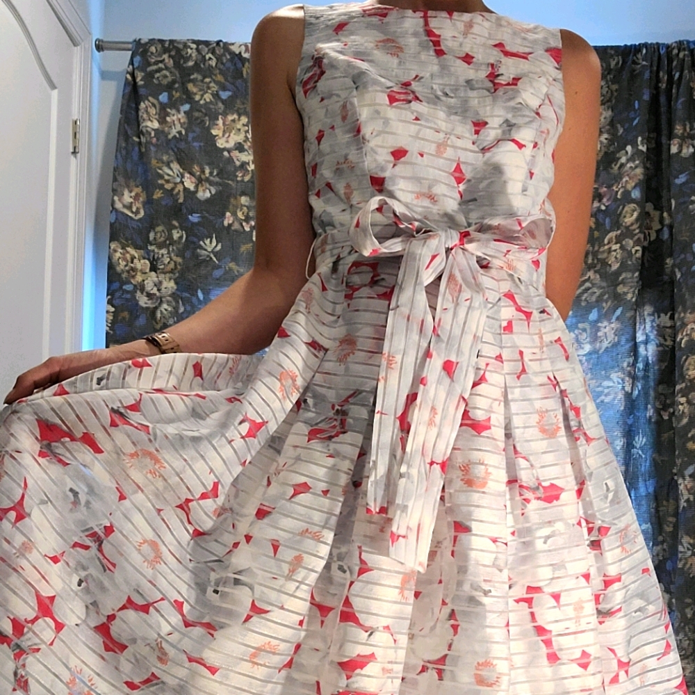 Metallic white and pink flowered dress